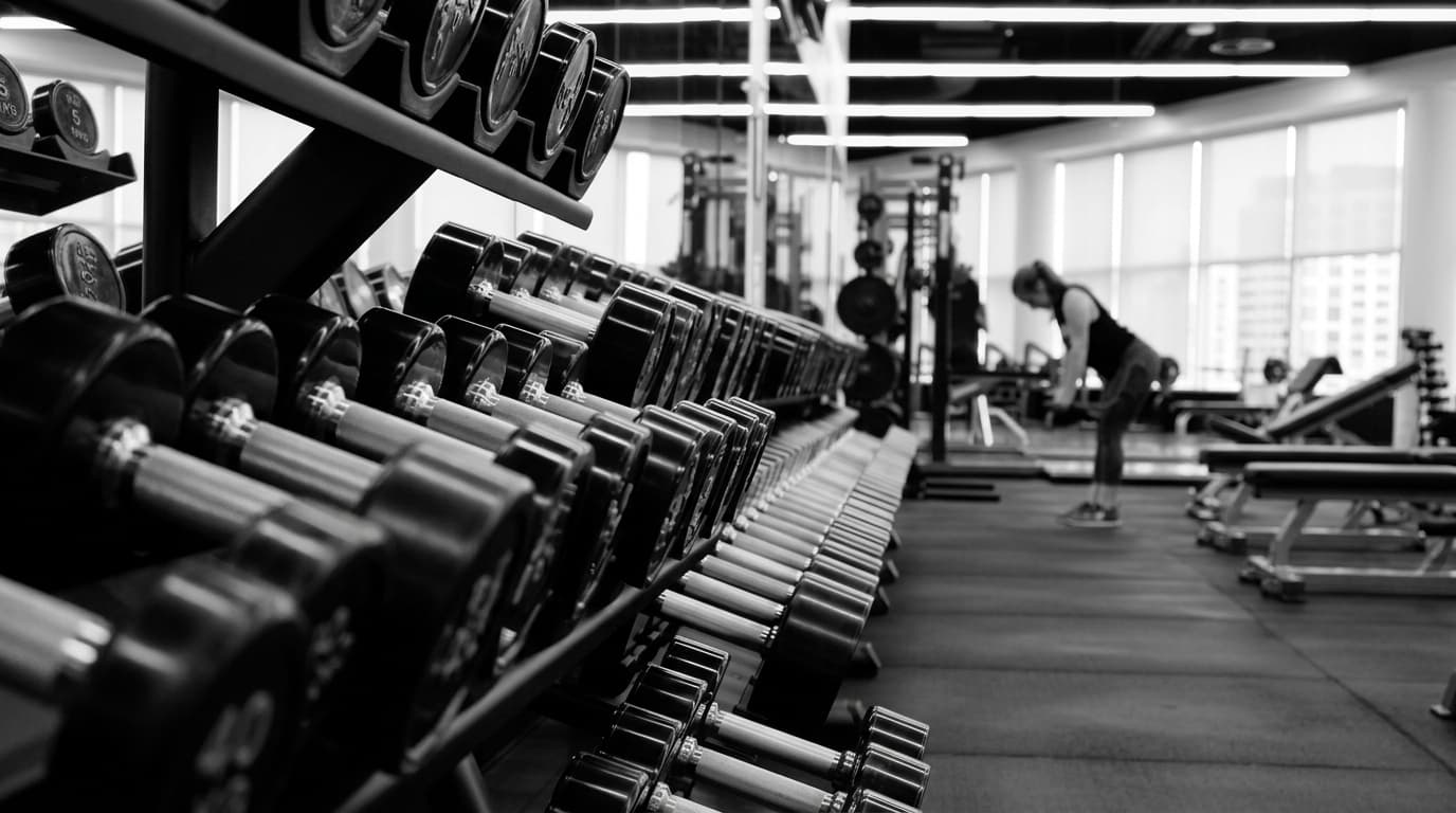dumbbell rack at a strength studio, black and white