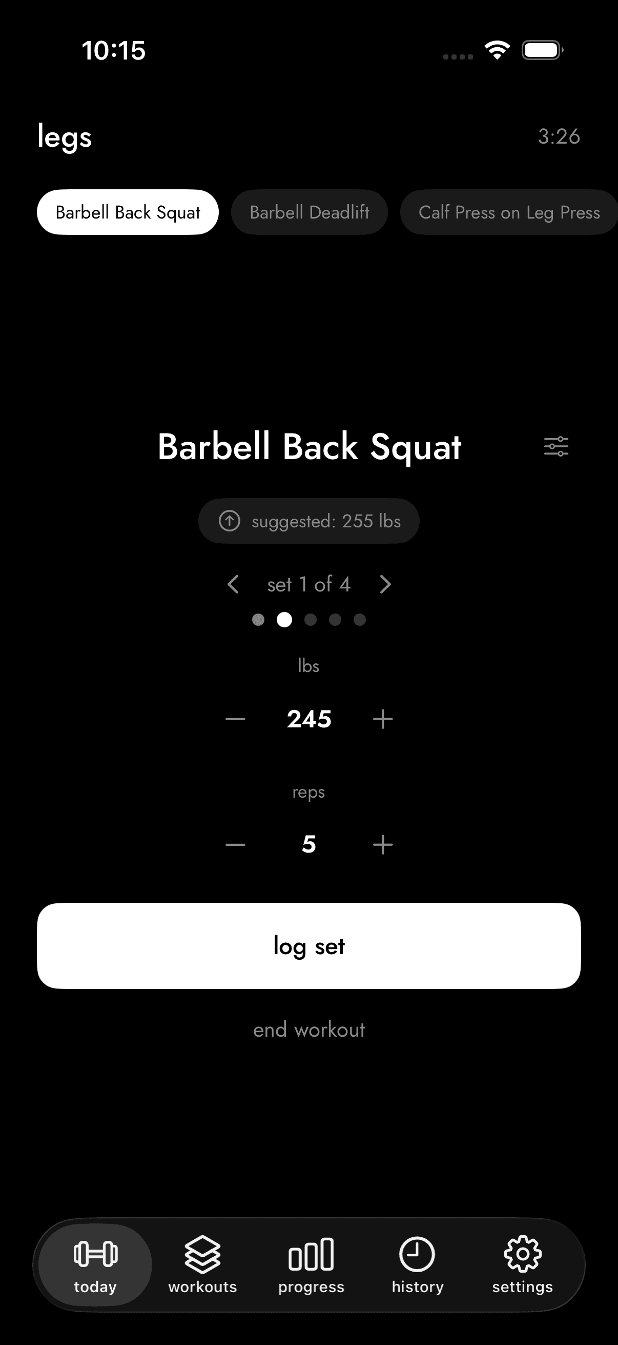 arc fitness app logging a barbell back squat set with weight and rep tracking