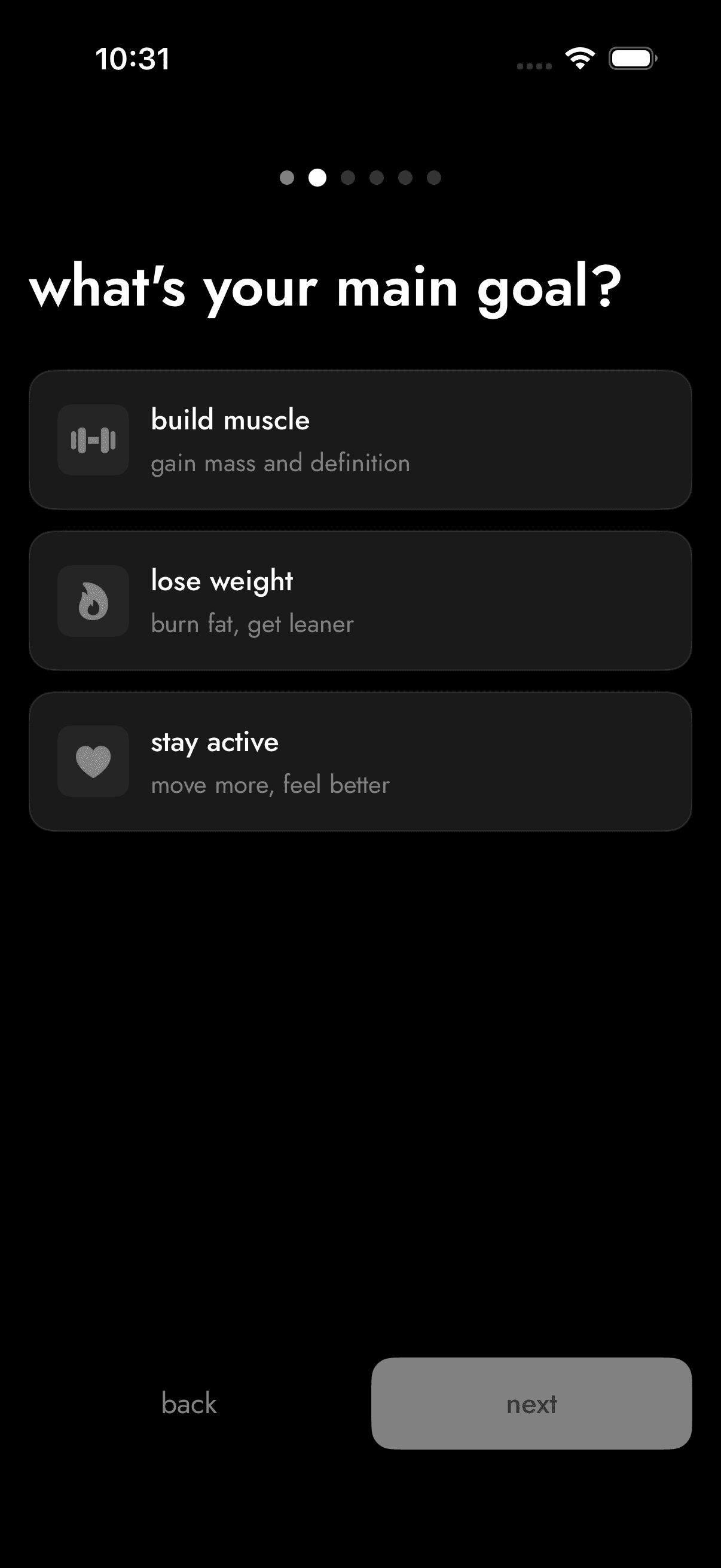arc fitness app onboarding screen asking what's your main goal with options for build muscle, lose weight, and stay active