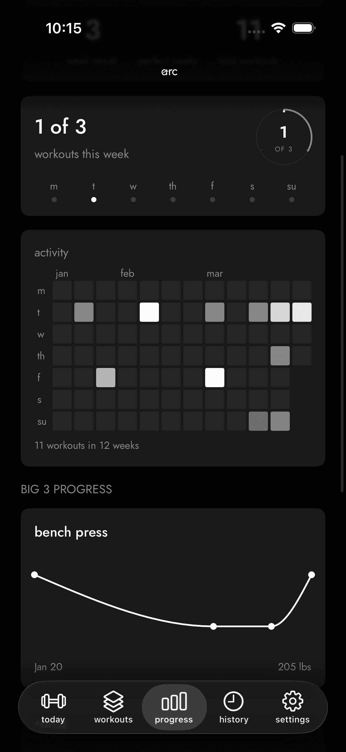 arc fitness app showing workout activity heatmap and bench press progress chart